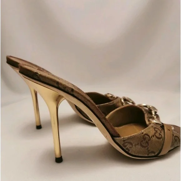 GUCCI Crystal Horsebit GG Heeled Monogram Gold Stiletto Mules size 8 & dust bag - Picture 9 of 17